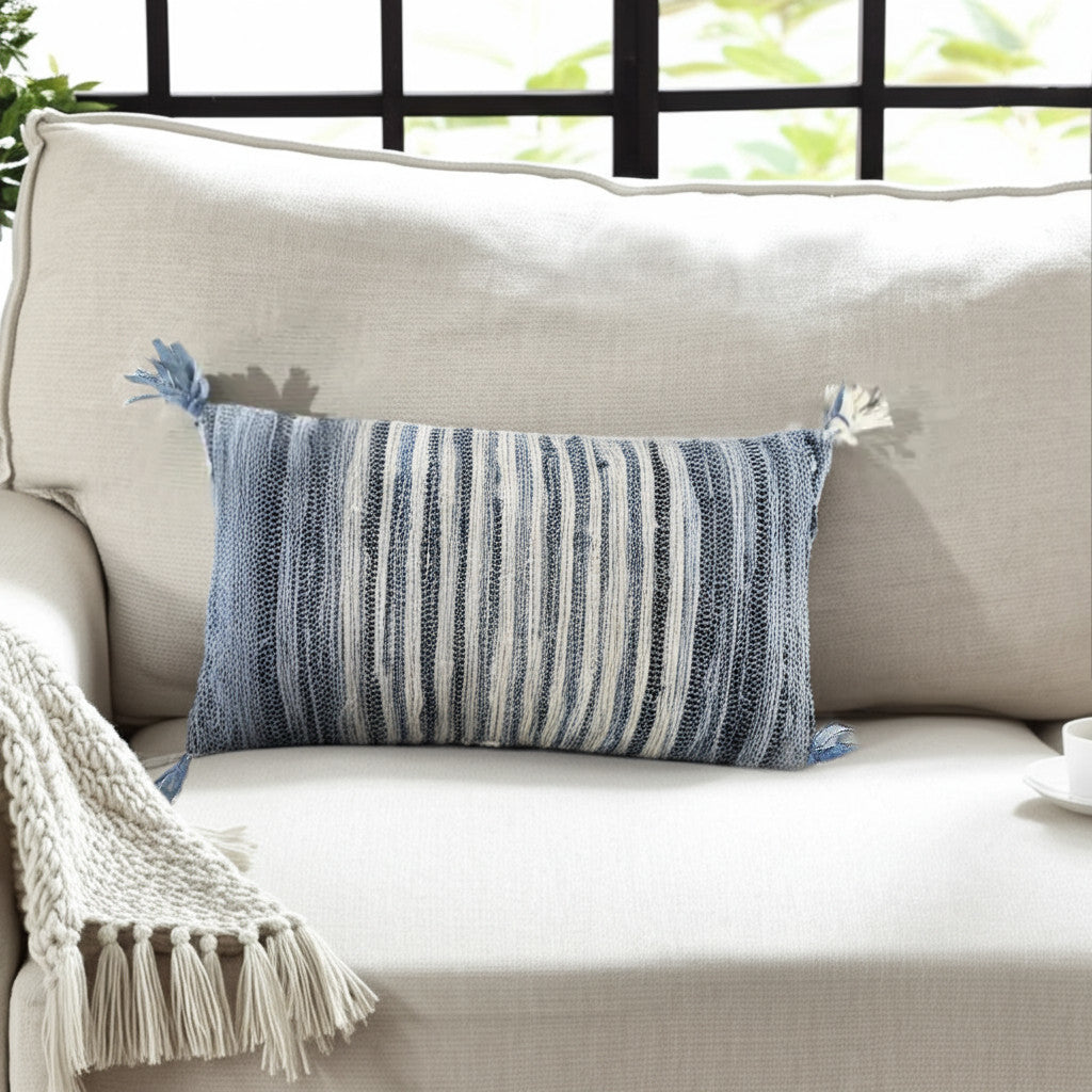 14" X 26" Denim Blue And Ivory Cotton Throw Pillow with Tassels And