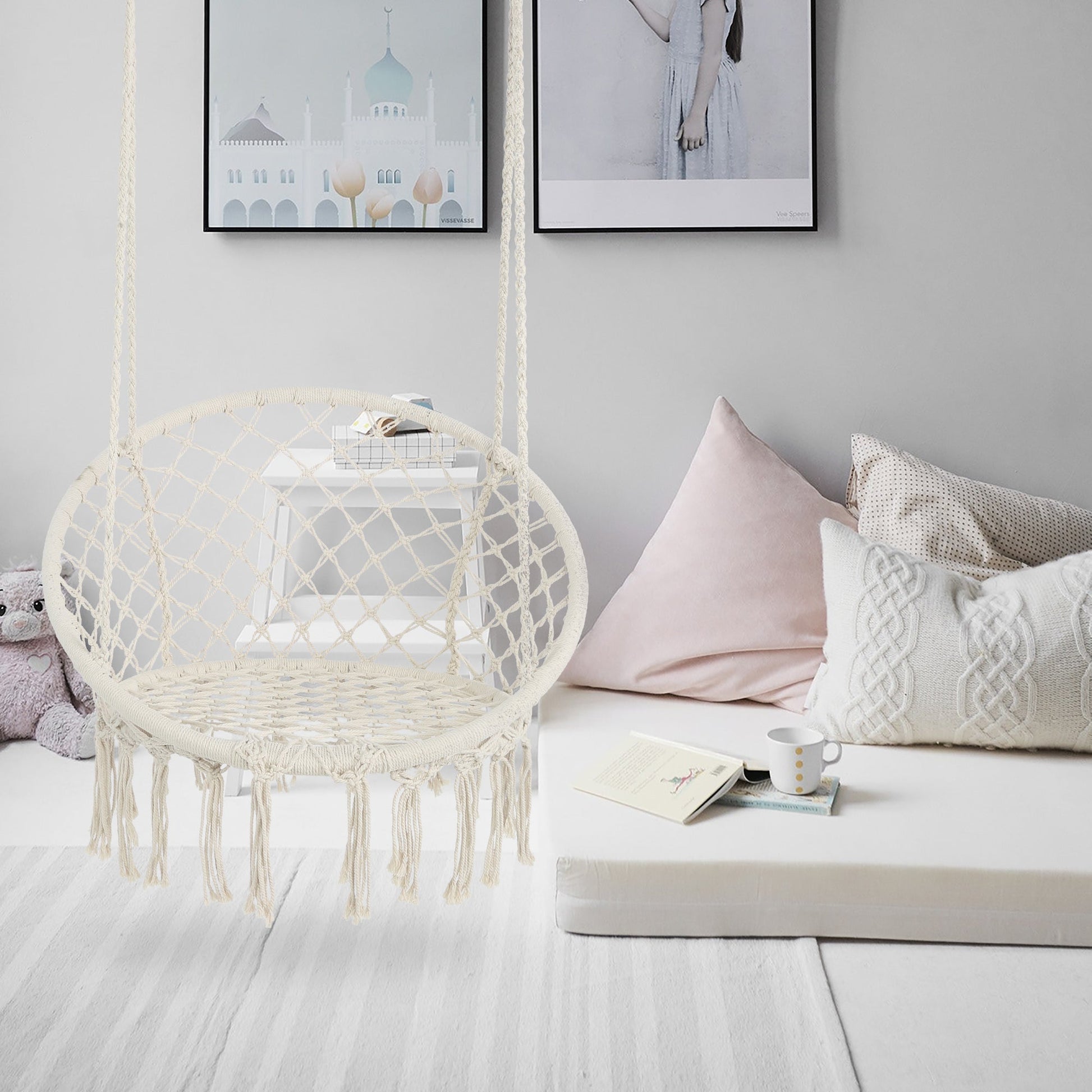 Macrame Hanging Hammock Chair, Cotton Rope Swing for Indoor and